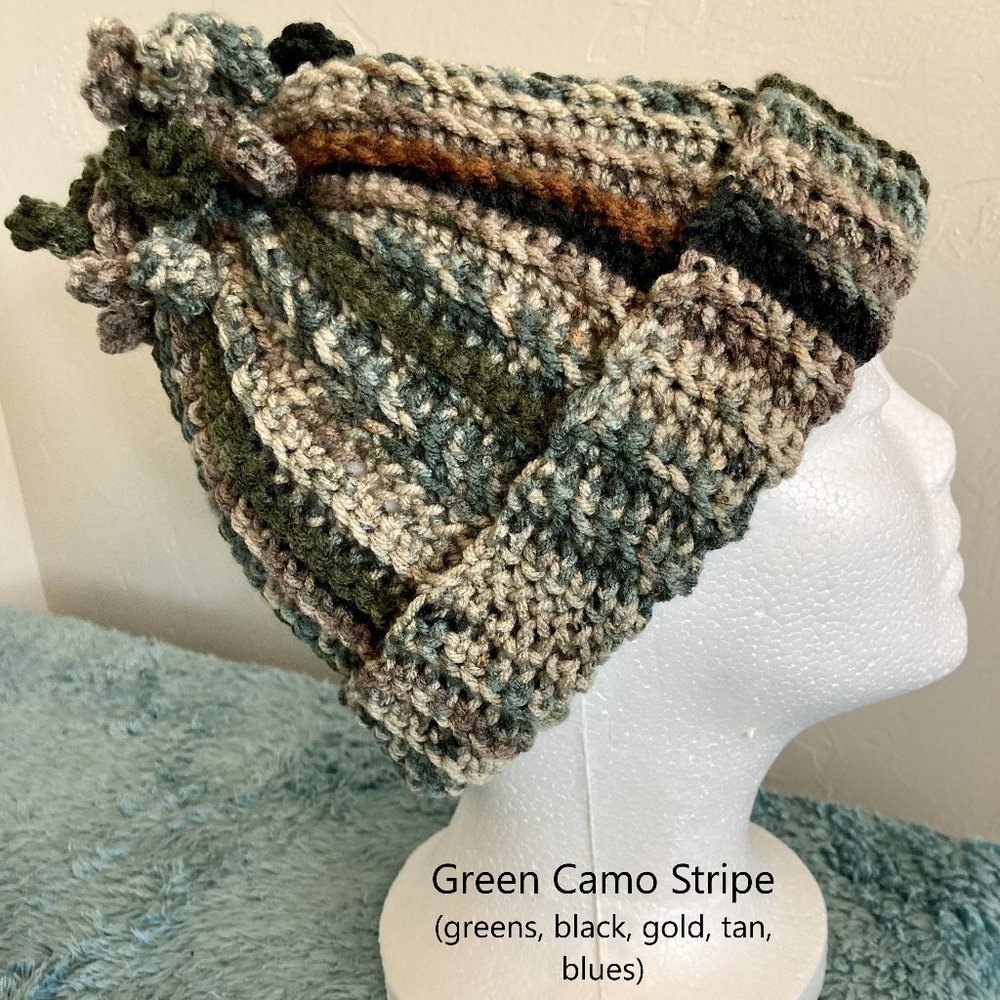 Adorable adult Beanie with Fringe! Color: Green Camo Stripe